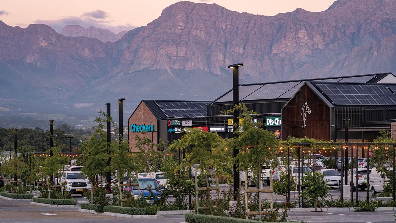 Decorative exterior LED lighting for Optenhorst Village, a neighbourhood shopping centre located in Paarl