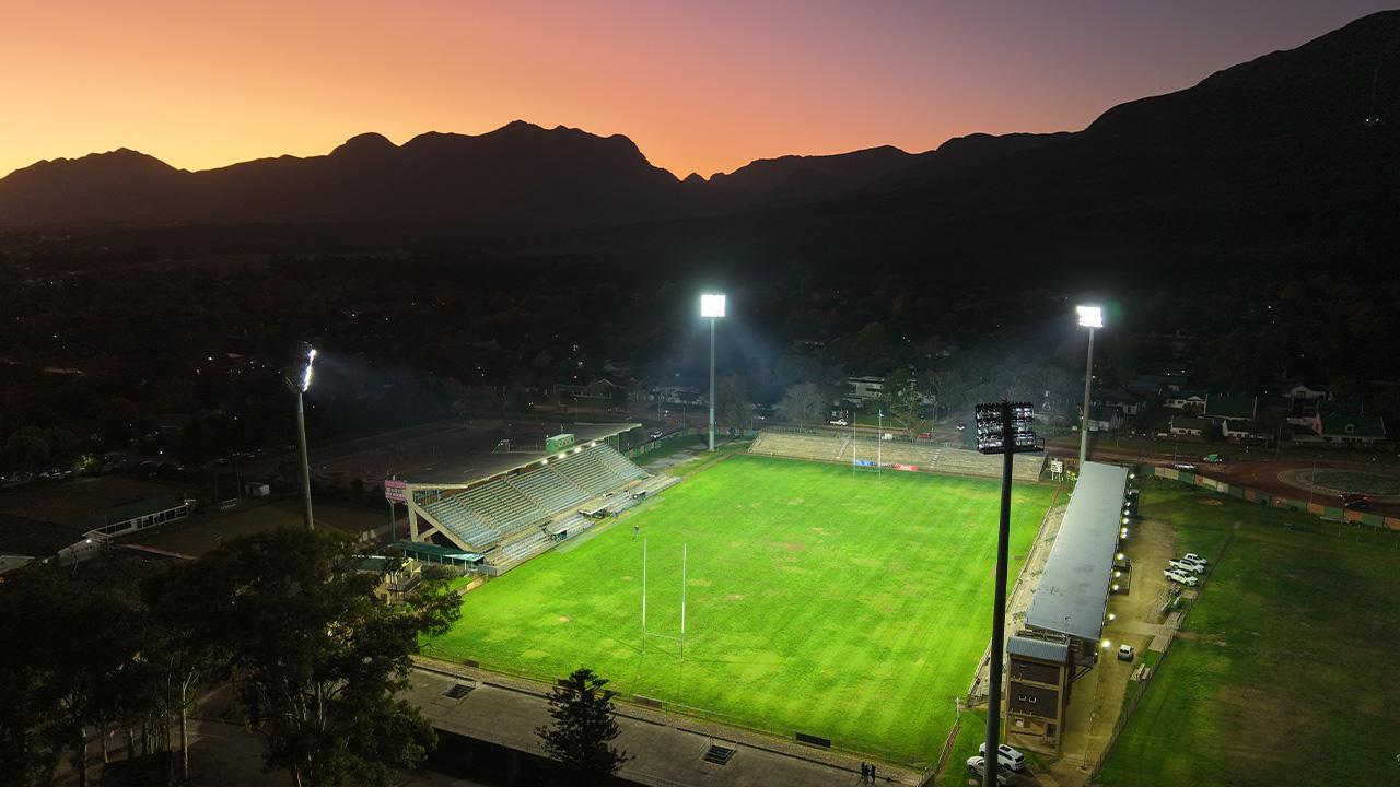 The Outeniqua Park Rugby Stadium in George, Western Cape is illuminated by smart LED lighting