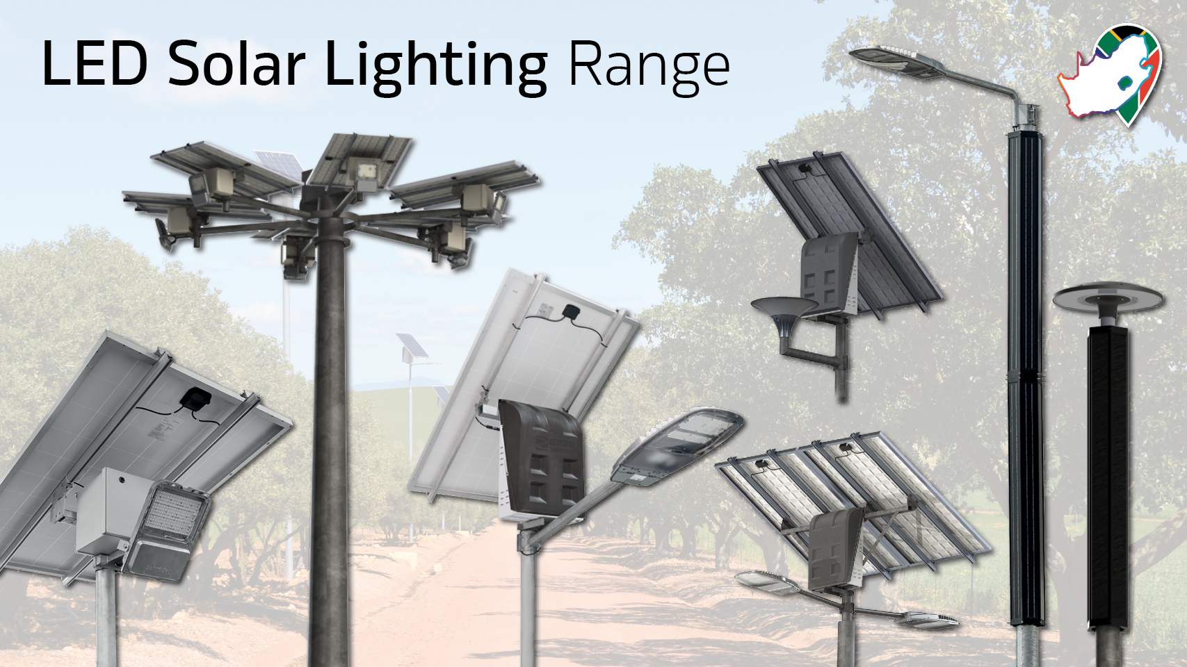 Solar lighting solution range for off-grid road areas.