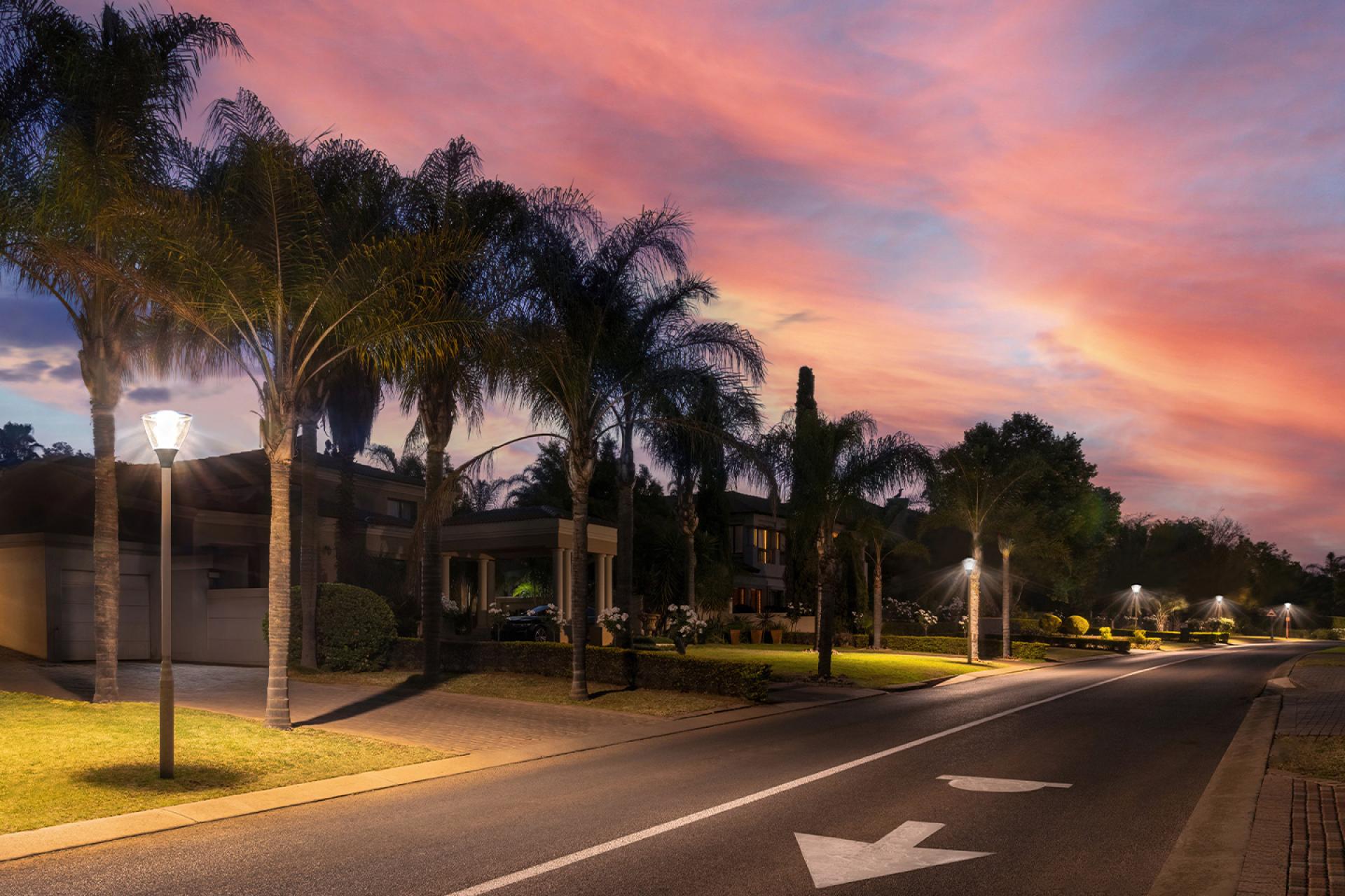 Post-top luminaires illuminate the streets at Woodhill Residential Estate and Country Club
